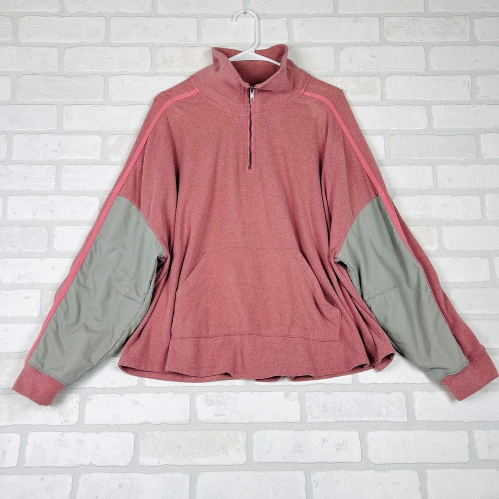 Quarter Zip Fleece Pullover Rose Pink Sage‎ Green Mixed Media Oversized  XL